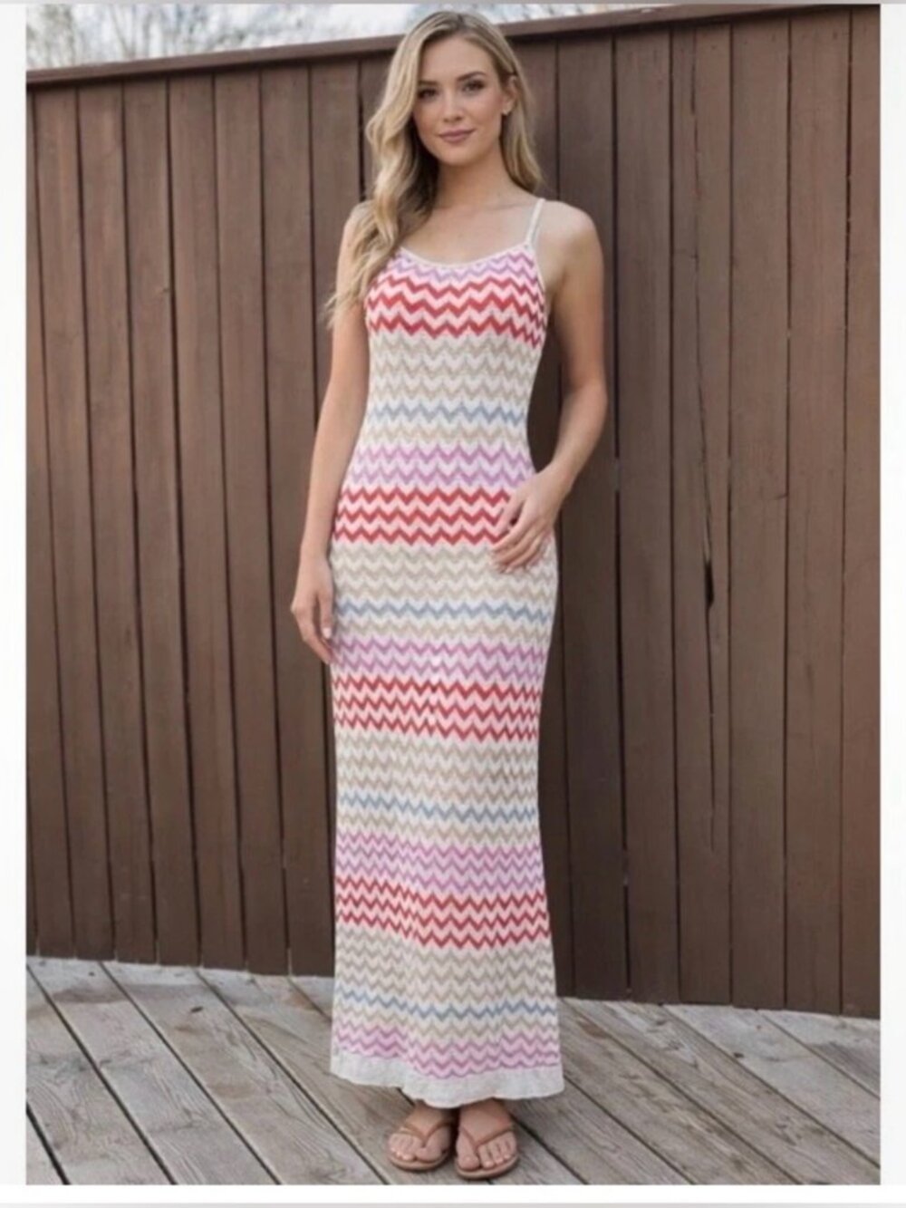 Rachel Zoe Red and Pink Chevron Knit Maxi Dress